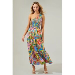 Sugarlips Shiloh One Shoulder Maxi Dress Smocked Tropical Size Small‎ Tropical